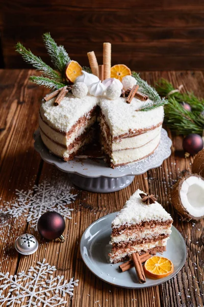 Tort Delicios Turtă Dulce Goală Crăciun Frișcă Umplutură Nucă Cocos — Fotografie, imagine de stoc