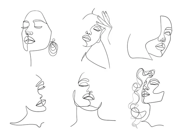 Ensemble Six Portraits Illustration Vectorielle Simple Minimaliste Beau Visage Femme — Image vectorielle