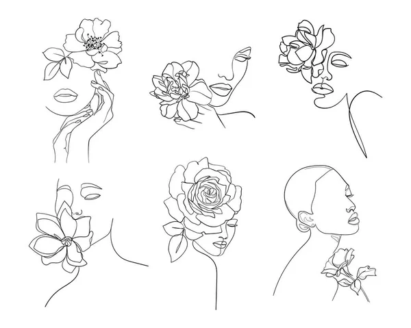Conjunto Seis Retratos Rosto Com Flor Simples Ilustração Vetorial Minimalista — Vetor de Stock
