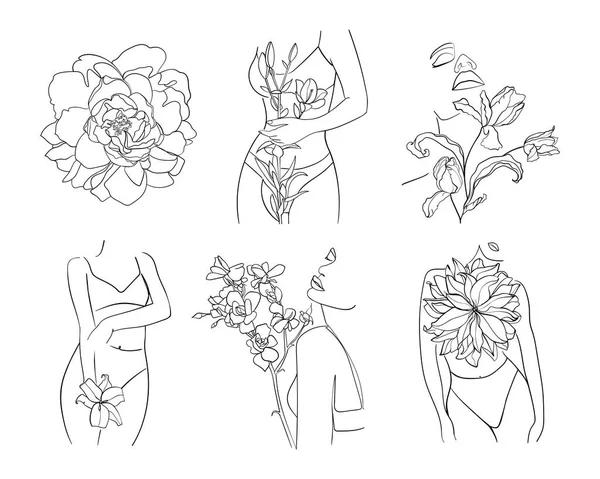Uppsättning Abstrakta Blommor Och Kropp Ansikte Linje Stil Kvinna Skönhet — Stock vektor