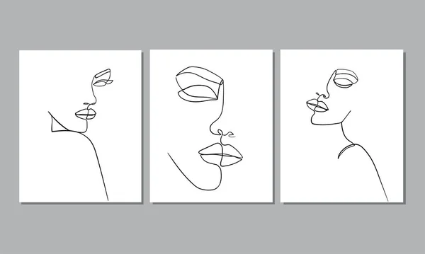 Set Three Portrait Simple Minimalist Vector Illustration Beautiful Woman Face — Stock Vector