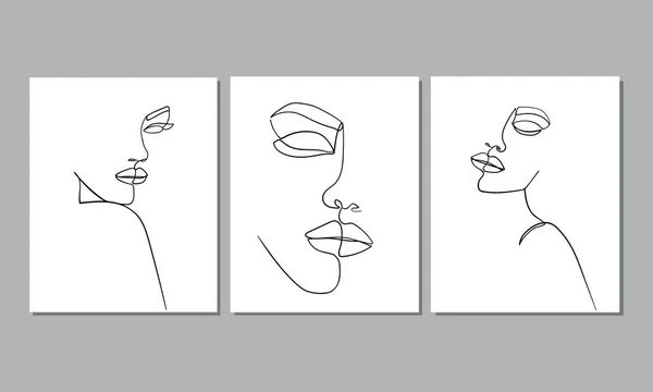Set Aus Drei Porträts Einfache Minimalistische Vektorillustration Des Schönen Frauengesichts — Stockvektor