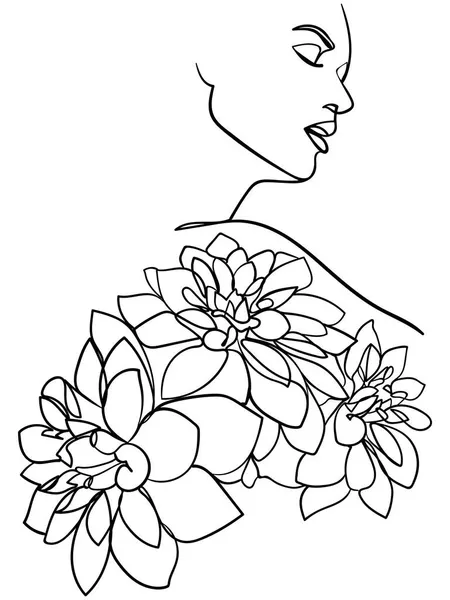 Belle Visage Femme Avec Des Fleurs Dahlia Art Linéaire Concept — Image vectorielle