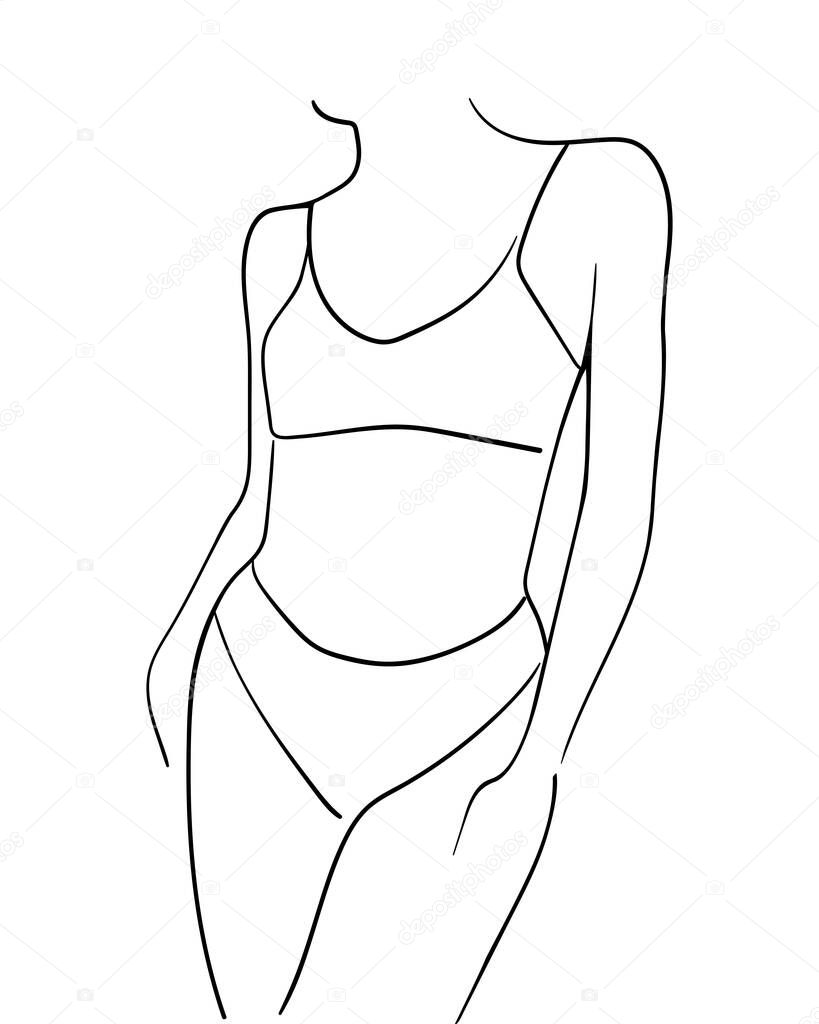 Black line silhouettes of female body in underwear. - Vector illustration