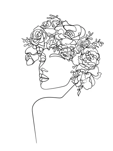 Γυναίκα Κεφάλι Λουλούδια Ένα Σχέδιο Γραμμή Εικονογράφηση Διάνυσμα — Διανυσματικό Αρχείο