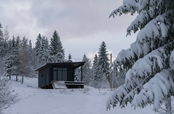 Modern black color cabin hidden in snowy pine forest. — Stock Photo, Image