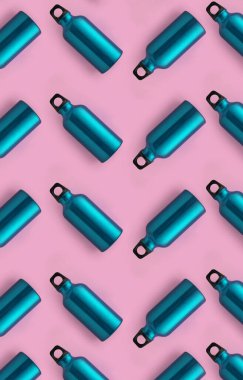 Vertical zig zag seamless pattern of stainless steel turquoise color bottles on pink background