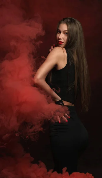 Young Attractive Woman Red Color Smoke — 스톡 사진