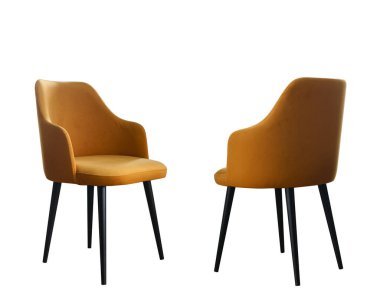 Front and back view of yellow modern dining chair with black legs isolated on white background with copy space