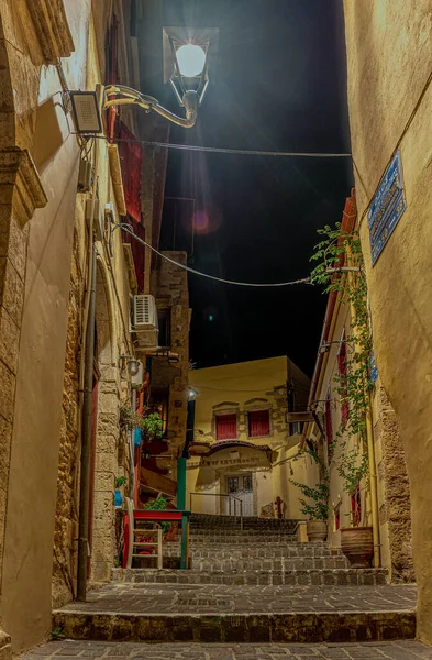 Bright Lantern Illuminating Romantic Stairs Zampeliou Alley Old Town Chania — Stock Photo, Image