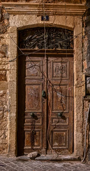 Pintu Kayu Tua Coklat Kota Tua Chania Kreta Yunani Oktober — Stok Foto