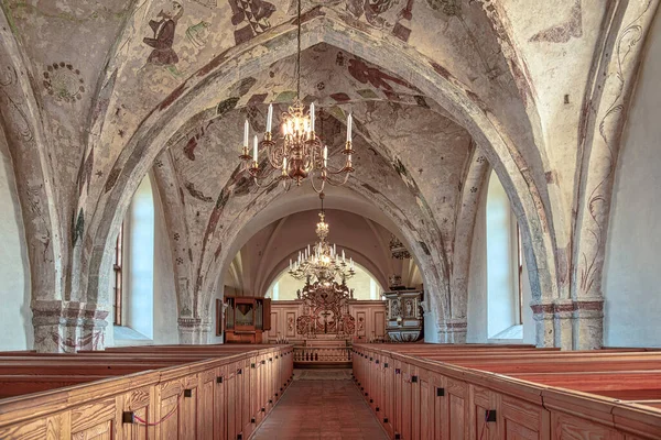 Interior Una Iglesia Medieval Sueca Con Frescos Góticos Bollerup Suecia — Foto de Stock