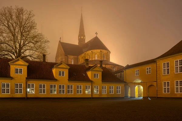 Roskilde Cathedral Foggy Night Courtyard Yellow Royal Palace Roskilde Denmark — Stock Fotó