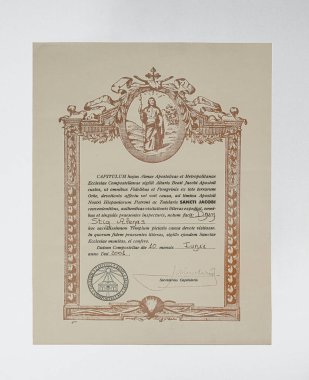 Hac sertifikası 27 Ocak 2022 'de Santiago de Compostela, Frederikssund, Danimarka' daki Pilgrim ofisinden Latince.