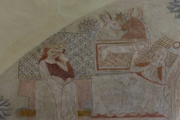 Affresco Medievale Raffigurante Neonato Gesù Nella Stalla Con Maria Giuseppe — Foto Stock