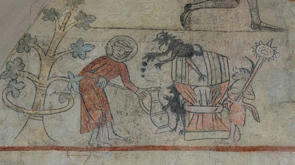 Монах Наливав Пиво Бочки Стародавні Фрески Східній Стіні Церкві Орлов — стокове фото