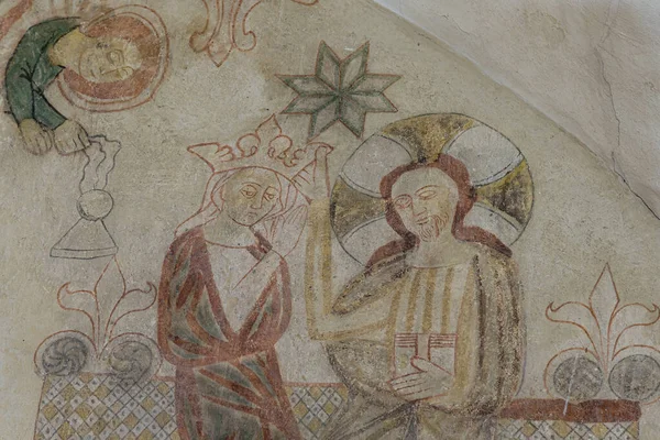 Affresco Medievale Del 1300 Raffigurante Incoronazione Della Vergine Sulla Parete — Foto Stock