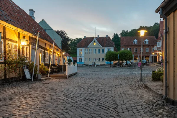 Old Cobblestone Square Half Timbered Hotel Evening Twiligt Hour Mariager — Foto Stock