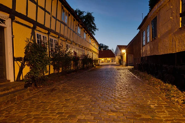 Twilight Hour Old Cobbled Street Idyllic Town Mariager Denmark August — Photo