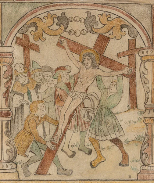 1530年的一幅壁画 描绘了2022年9月15日耶稣在丹麦布隆教堂被钉十字架的情景 图库图片