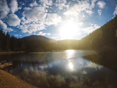 Lake Synevyr in the Carpathians. Lake among forest and mountains.