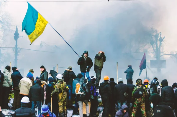 Kyiv, Ukrayna - 01 Ocak 2014: Ukrayna bayrağı Kyiv 'deki protestocuların elinde.