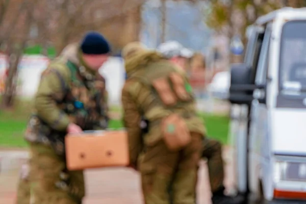 Soldiers Loading Boxes Car Photo Blurry — Stockfoto