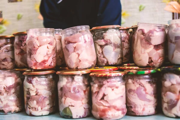 Glass Jars Meat Home Preservation — Stock Photo, Image