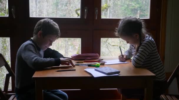 Two caucasian children are drawing near the window. — Stock Video