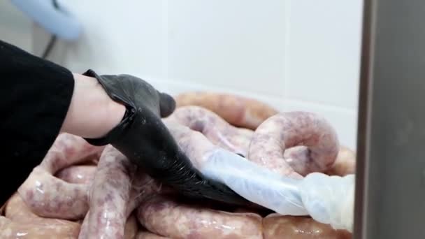 Processo Produção Salsichas Fábrica Processamento Carne Carne Picada Está Enchendo — Vídeo de Stock