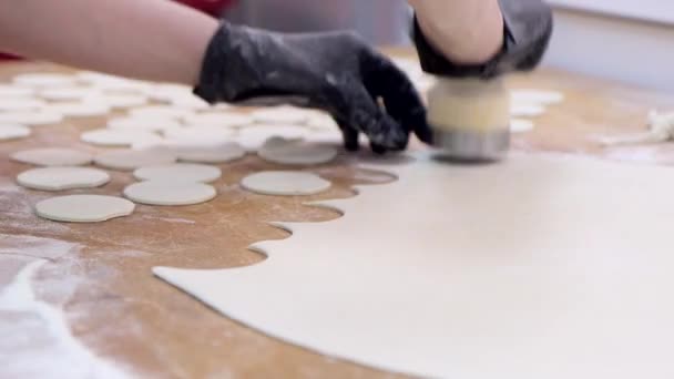 把面团做成圆圈做饺子 在食品厂拍的特写镜头可以快速切下面团 4K视频 — 图库视频影像