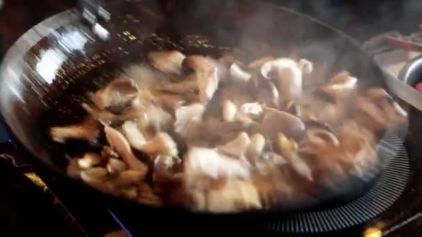 Mushrooms Roasting Cooking Pan Close Chef Takes Frying Pan Tossing — Stock Video