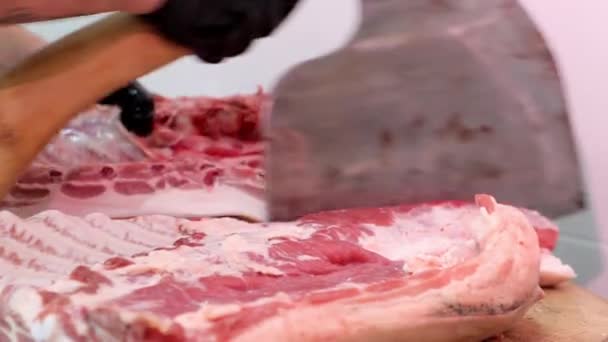O açougueiro corta carne crua de porco com machado afiado na fábrica de processamento de carne. — Vídeo de Stock