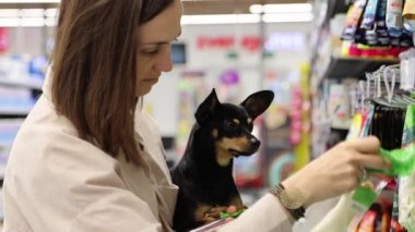 Küçük köpekli genç bir kadın evcil hayvanı için lezzetli bir şey seçiyor. Köpek koklama malzemeleri, yakın çekim, 4K görüntü..