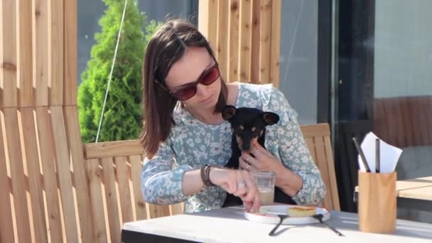 Jovem Mulher Senta Cidade Rua Café Com Pouco Cão Gosta — Vídeo de Stock