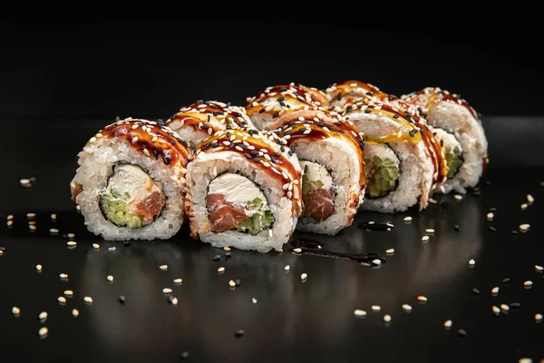 Set Different Sushi Rolls Black Background — Zdjęcie stockowe