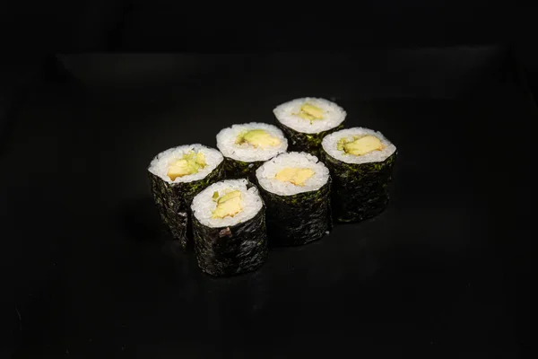 Set Different Sushi Rolls Black Background — Zdjęcie stockowe