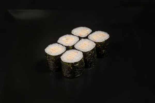 Set Different Sushi Rolls Black Background — стоковое фото