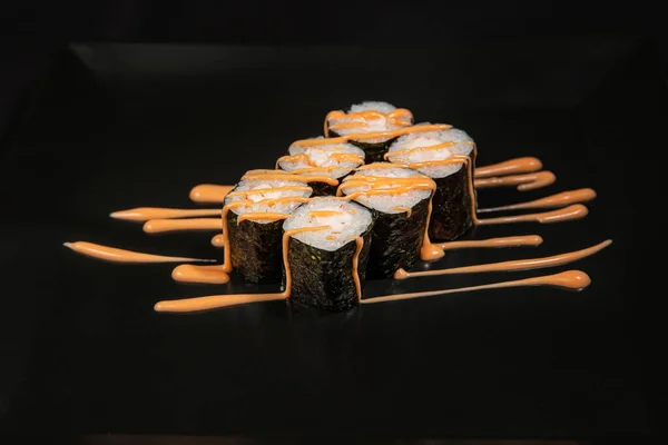 Set Different Sushi Rolls Black Background — Stok Foto