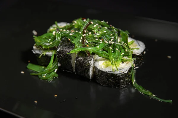 Set Different Sushi Rolls Black Background — Stok Foto