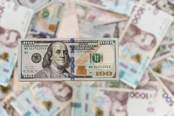Närbild Sedlar Dollar Euro Och Hryvnia — Stockfoto