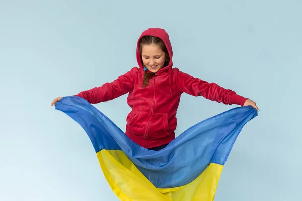 Flag Ukraine Hands Happy Girl Ukrainian Child Smiles Wearing Ukrainian — стоковое фото