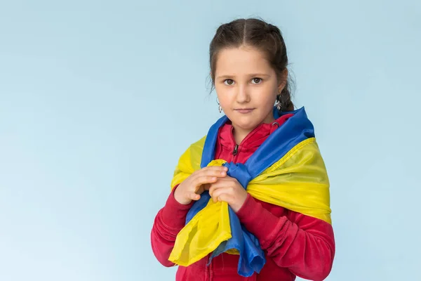 Flag Ukraine Hands Happy Girl Ukrainian Child Smiles Wearing Ukrainian — Foto Stock