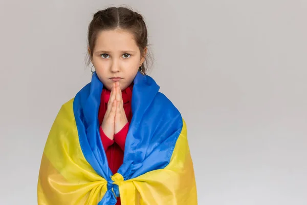 Flag Ukraine Hands Happy Girl Ukrainian Child Smiles Wearing Ukrainian — стоковое фото