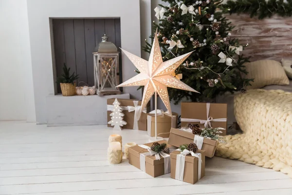 Nouvel Intérieur Confortable Maison Avec Arbre Noël Guirlandes — Photo