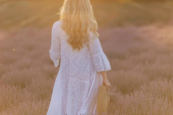 Mulher Campo Flores Lavanda Pôr Sol Vestido Roxo França Provence — Fotografia de Stock