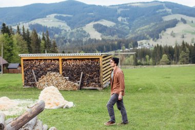 Elinde ağır bir balta olan bir adam. Ağaç gövdelerini kesen ya da kesen bir oduncunun elinde bir balta. Bir adam köydeki bir evin bahçesinde odun kesiyor..