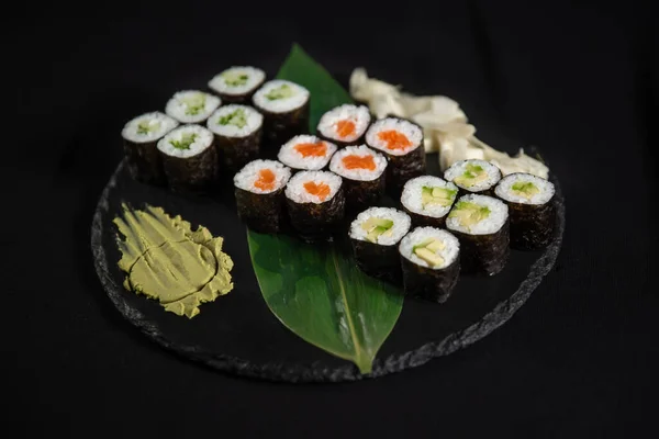 Sushi Fried Garlic Shrimps Prawn Stone Plate Black Background — стоковое фото