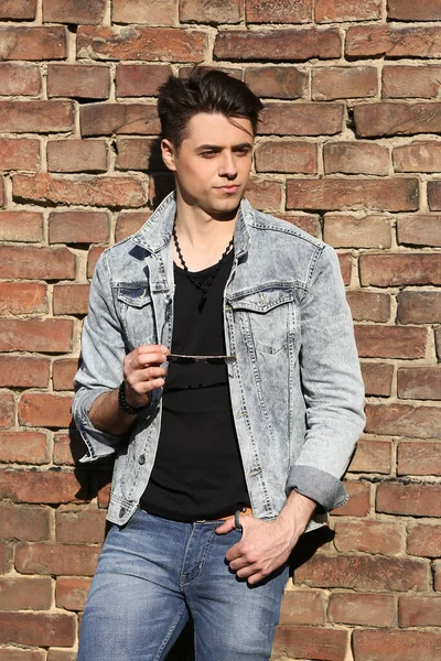 Stylish Guy Standing Street Denim Jacket Men Looks — Zdjęcie stockowe