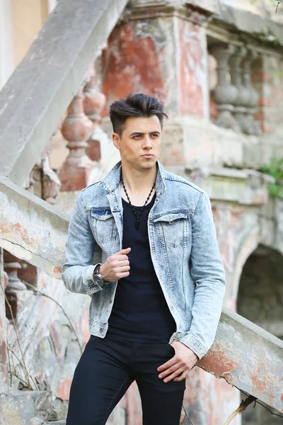 Stylish Guy Standing Street Denim Jacket Men Looks — Fotografia de Stock